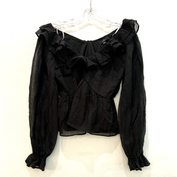 NWT Lulu's Small Black Pleated Ruffle Tiered Peplum Long Sleeve Blouse Top Boho - Picture 6 of 7